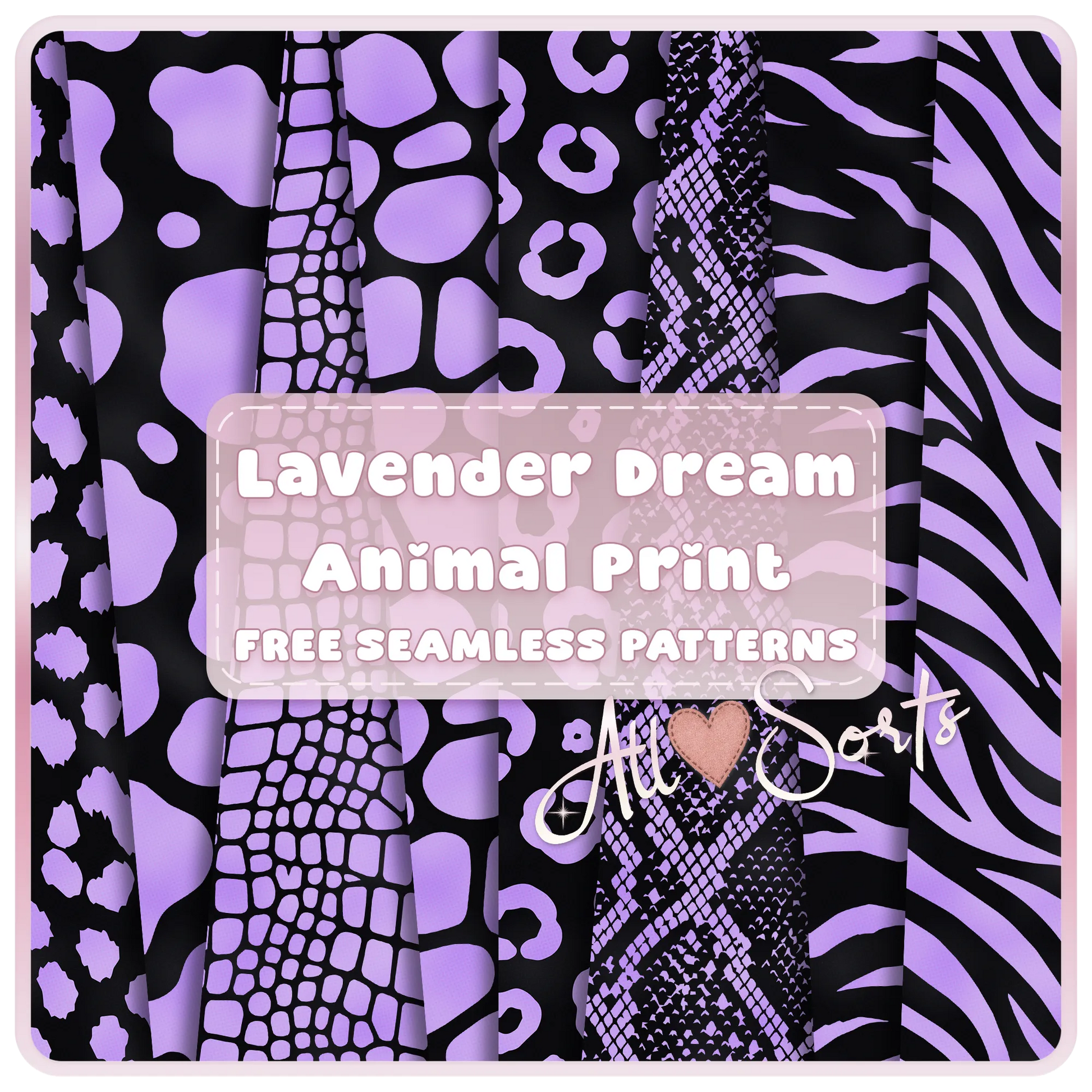 Free Lavender Dream Animal Print seamless digital paper pack preview featuring purple and black leopard, cow, giraffe, snakeskin, zebra, and crocodile patterns by AllSorts Crafts.