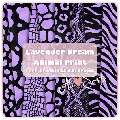 Free Lavender Dream Animal Print seamless digital paper pack preview featuring purple and black leopard, cow, giraffe, snakeskin, zebra, and crocodile patterns by AllSorts Crafts.