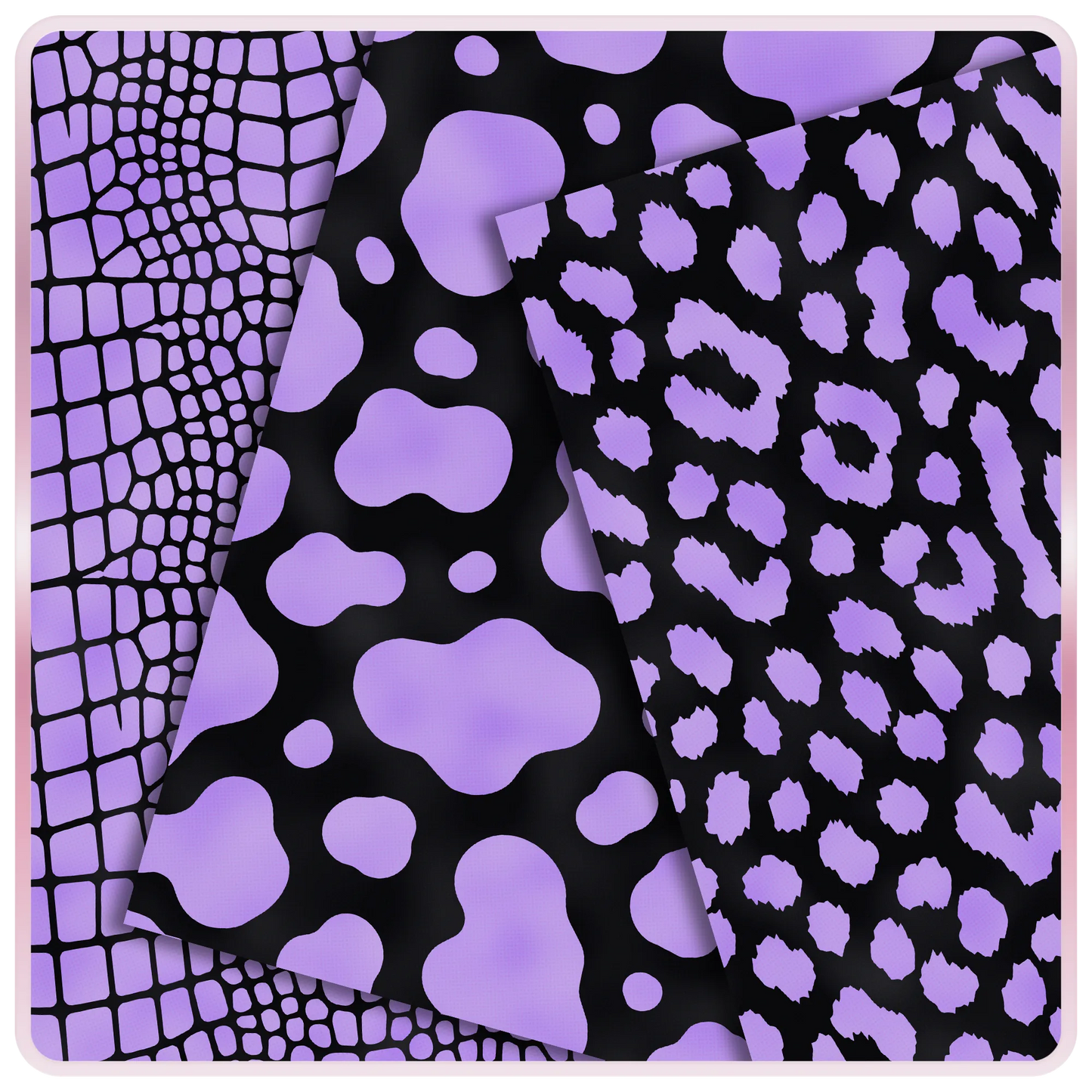 Lavender and black animal print seamless digital papers with crocodile, cow, and leopard pattern previews for free printable craft downloads.