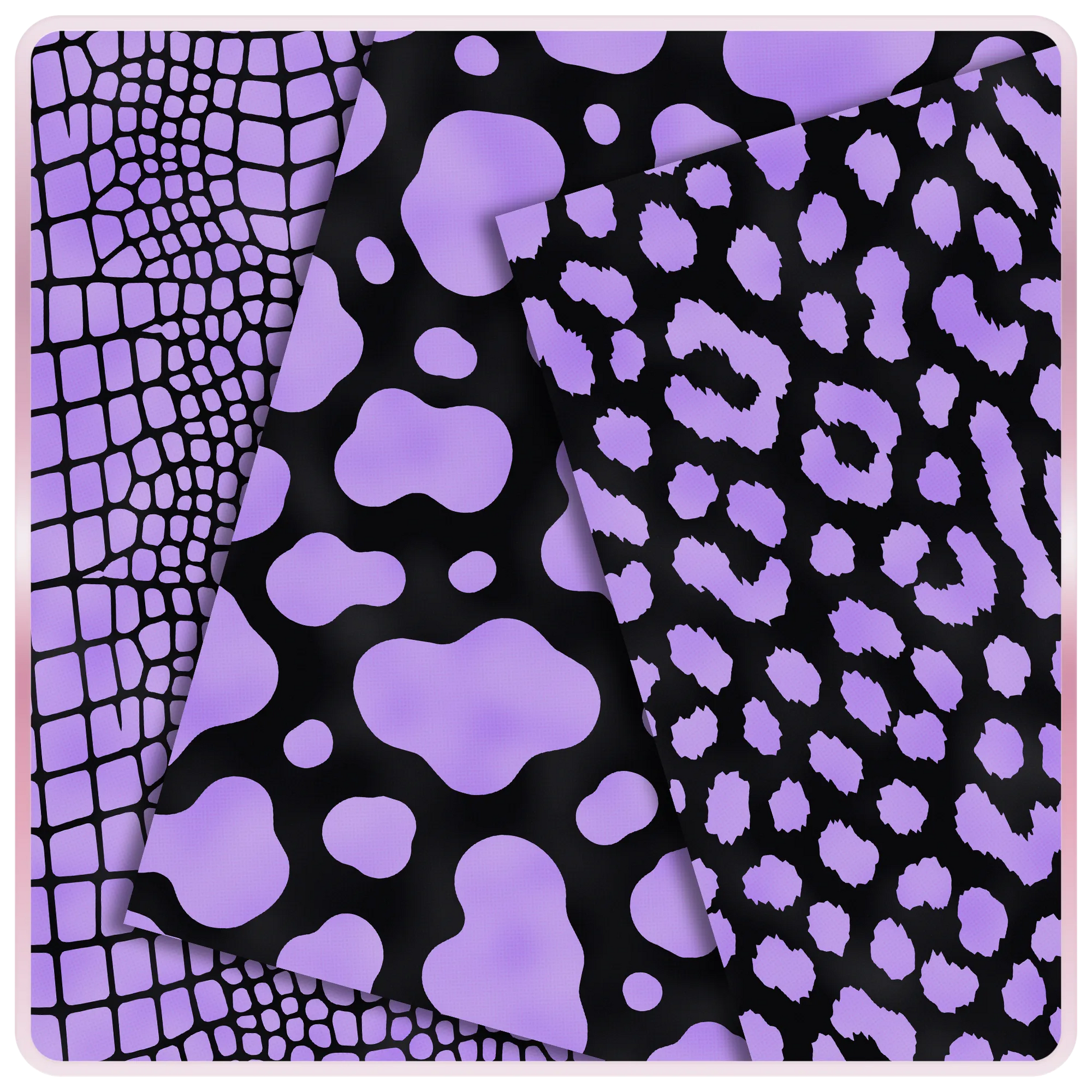 Lavender and black animal print seamless digital papers with crocodile, cow, and leopard pattern previews for free printable craft downloads.