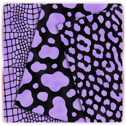 Lavender and black animal print seamless digital papers with crocodile, cow, and leopard pattern previews for free printable craft downloads.