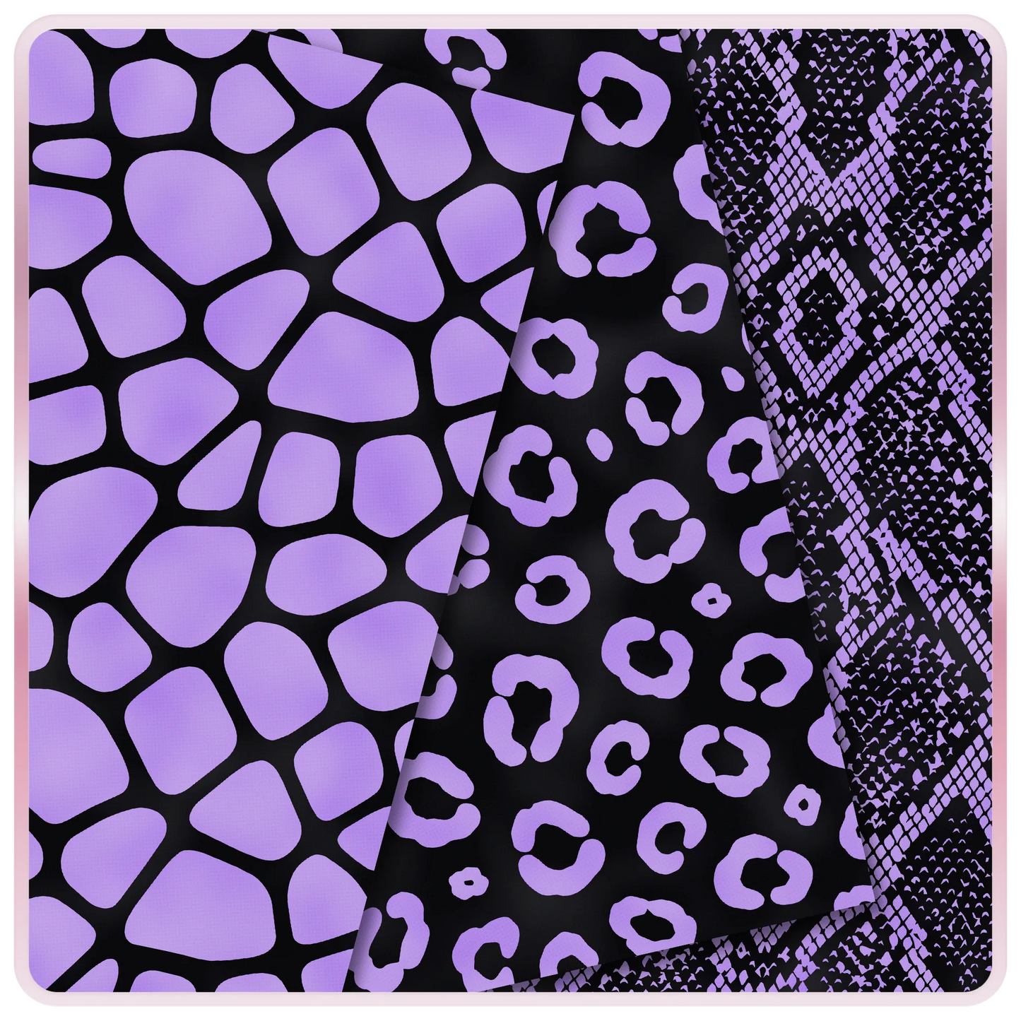 Purple and black seamless animal print papers featuring giraffe, leopard, and snakeskin digital patterns for scrapbooking, sublimation, and DIY crafts.