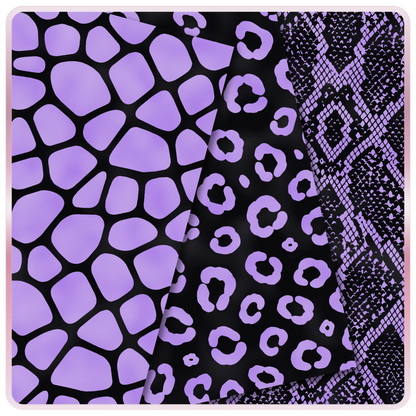 Purple and black seamless animal print papers featuring giraffe, leopard, and snakeskin digital patterns for scrapbooking, sublimation, and DIY crafts.
