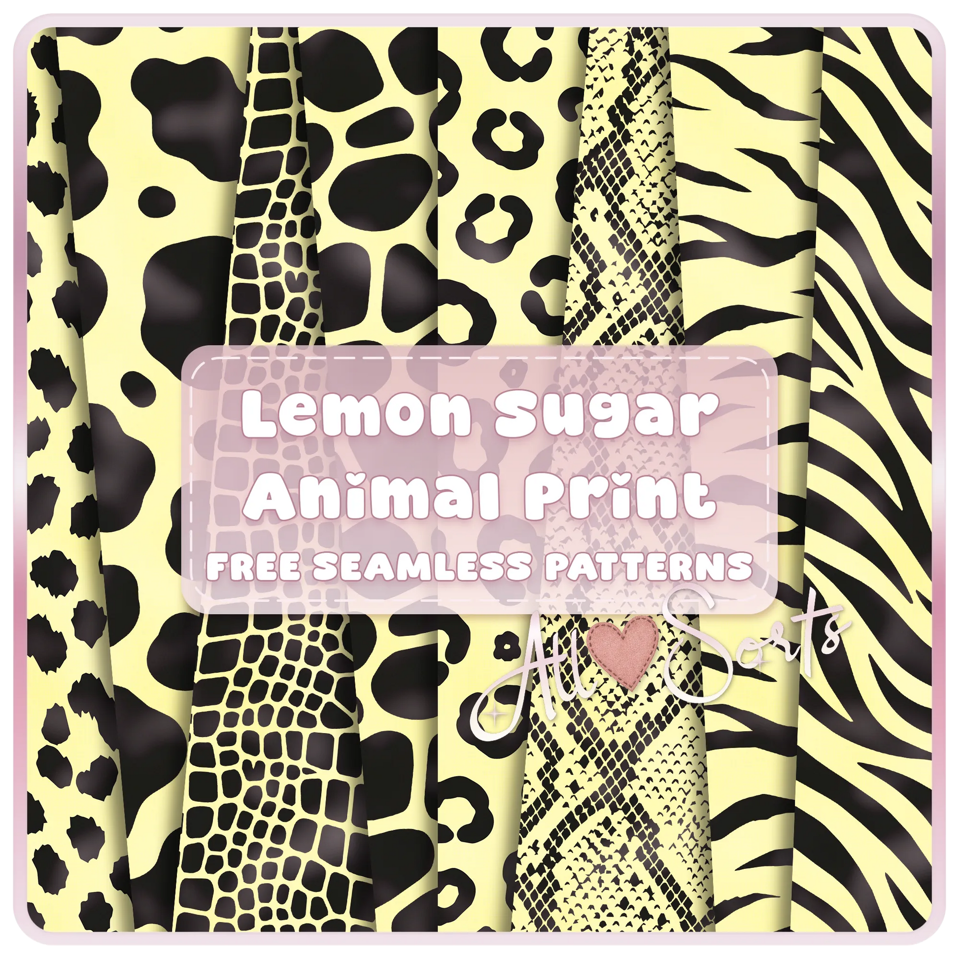 Free Lemon Sugar animal print seamless paper pack preview featuring lemon yellow and black cow, leopard, snake, zebra, tiger, and safari patterns.