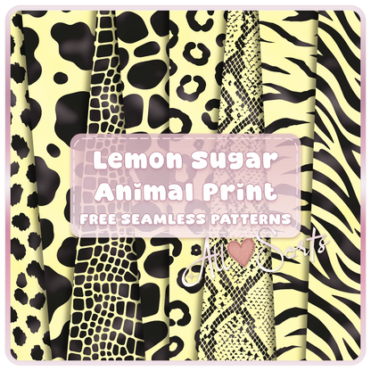 Free Lemon Sugar animal print seamless paper pack preview featuring lemon yellow and black cow, leopard, snake, zebra, tiger, and safari patterns.