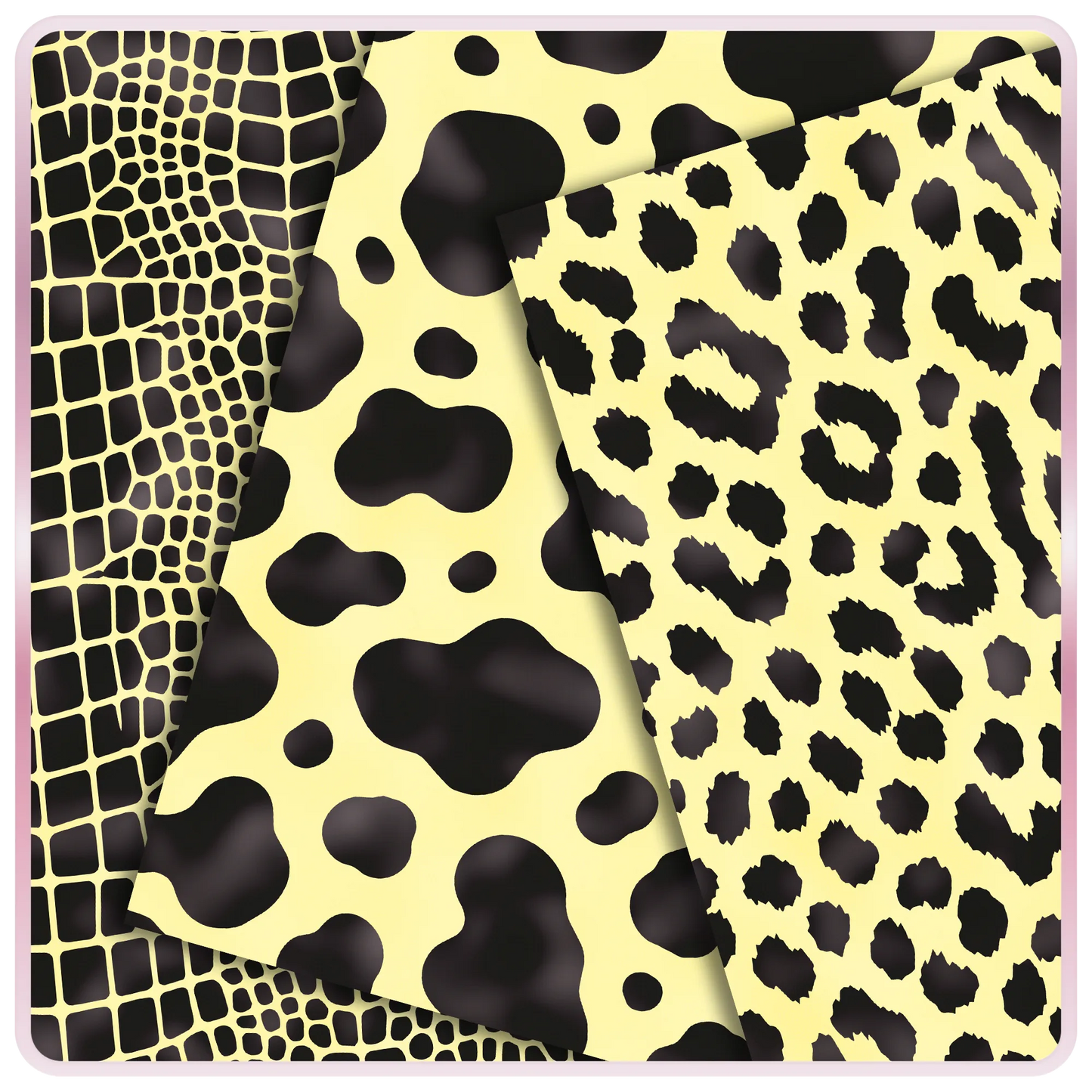 Lemon yellow and black seamless digital papers featuring giraffe-style spots, cow print, and leopard animal print patterns for crafts and printables.