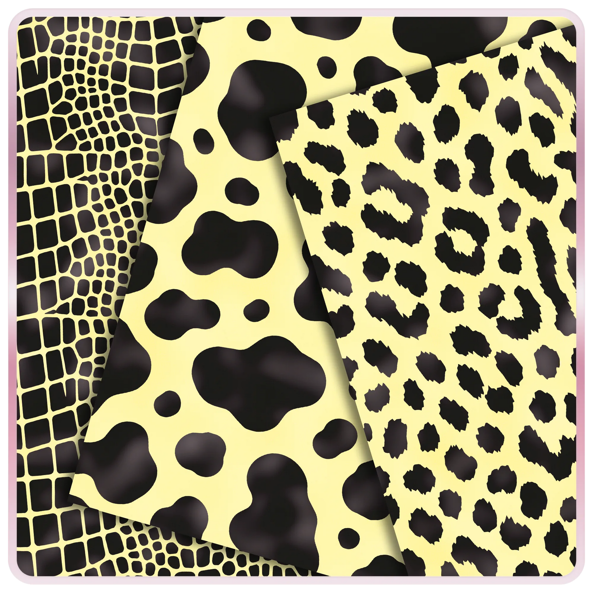 Lemon yellow and black seamless digital papers featuring giraffe-style spots, cow print, and leopard animal print patterns for crafts and printables.