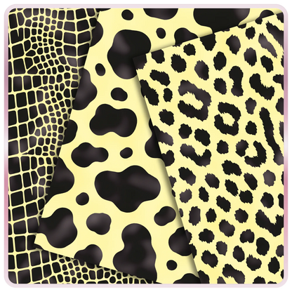 Lemon yellow and black seamless digital papers featuring giraffe-style spots, cow print, and leopard animal print patterns for crafts and printables.