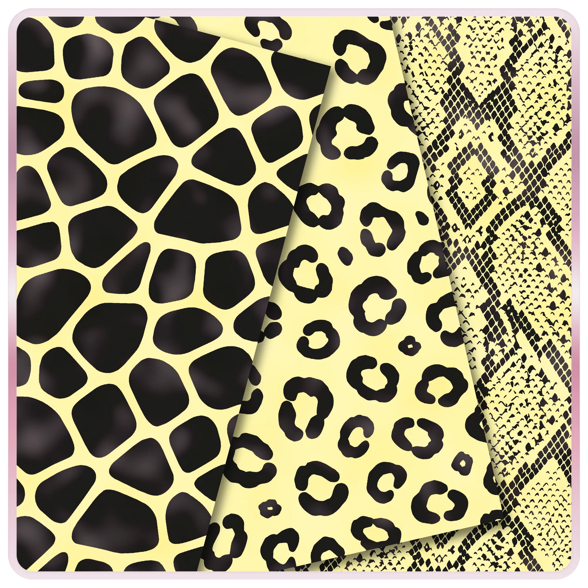 Lemon Sugar seamless animal print digital papers with black giraffe spots, leopard print, and snake print JPG patterns.