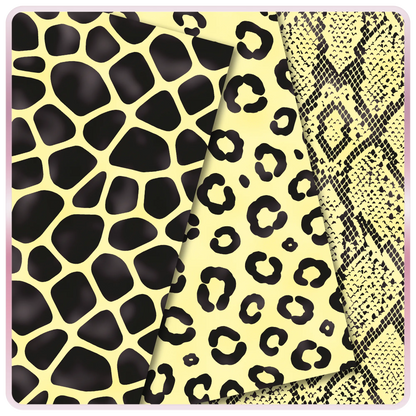 Lemon Sugar seamless animal print digital papers with black giraffe spots, leopard print, and snake print JPG patterns.