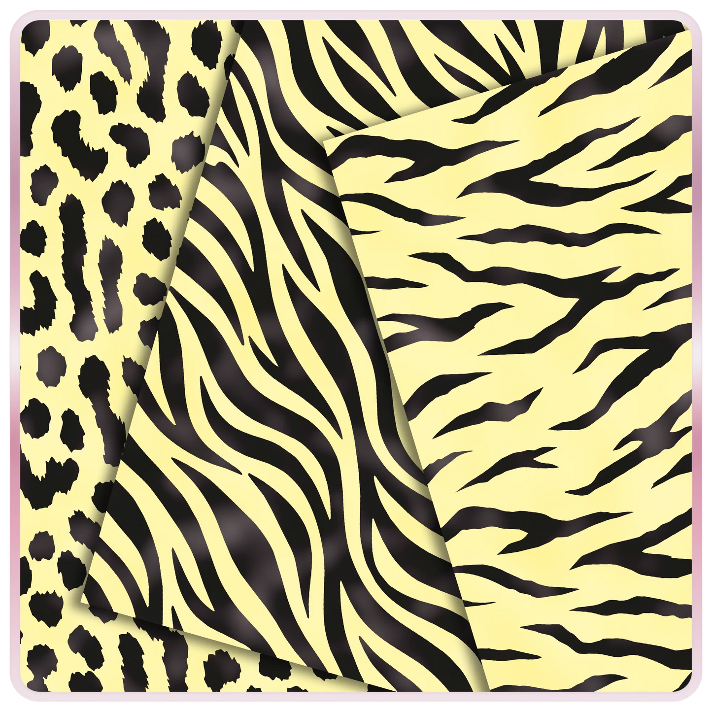 Lemon yellow and black animal print seamless papers featuring leopard spots, zebra stripes, and tiger stripe digital patterns for scrapbook and craft projects.