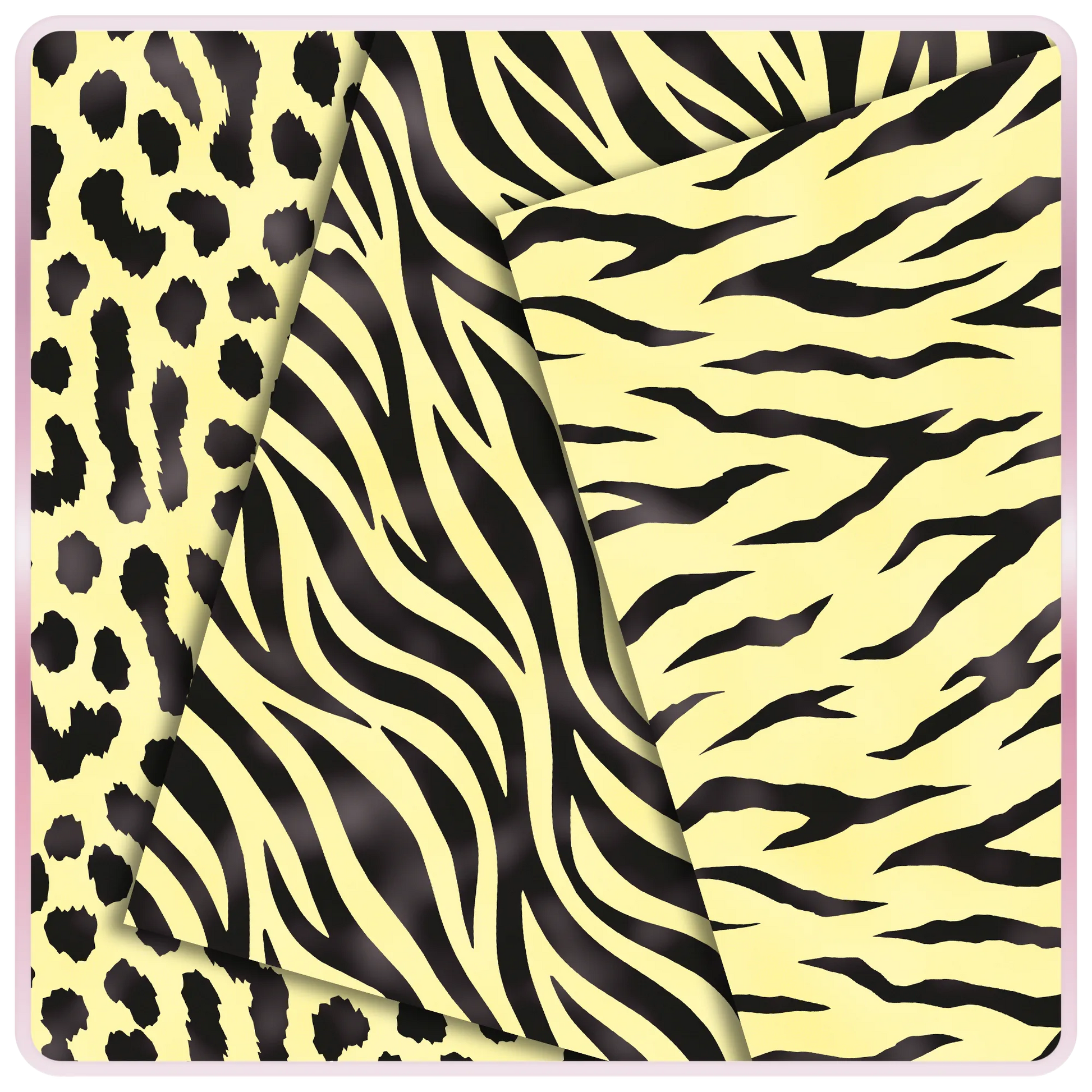 Lemon yellow and black animal print seamless papers featuring leopard spots, zebra stripes, and tiger stripe digital patterns for scrapbook and craft projects.