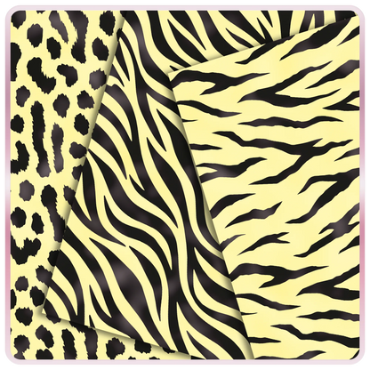 Lemon yellow and black animal print seamless papers featuring leopard spots, zebra stripes, and tiger stripe digital patterns for scrapbook and craft projects.