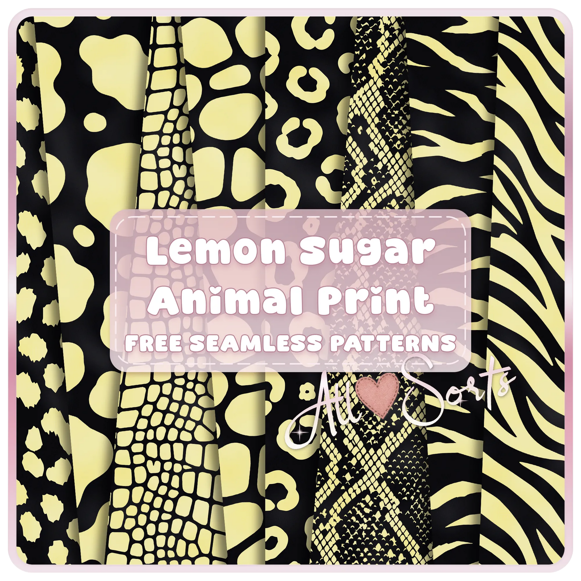 Free Lemon Sugar Animal Print seamless digital paper pack preview featuring yellow and black leopard, cow, giraffe, snakeskin, zebra, and crocodile patterns by AllSorts Crafts.