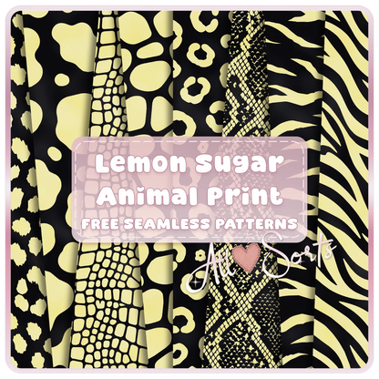 Free Lemon Sugar Animal Print seamless digital paper pack preview featuring yellow and black leopard, cow, giraffe, snakeskin, zebra, and crocodile patterns by AllSorts Crafts.