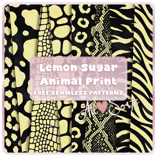Free Lemon Sugar Animal Print seamless digital paper pack preview featuring yellow and black leopard, cow, giraffe, snakeskin, zebra, and crocodile patterns by AllSorts Crafts.