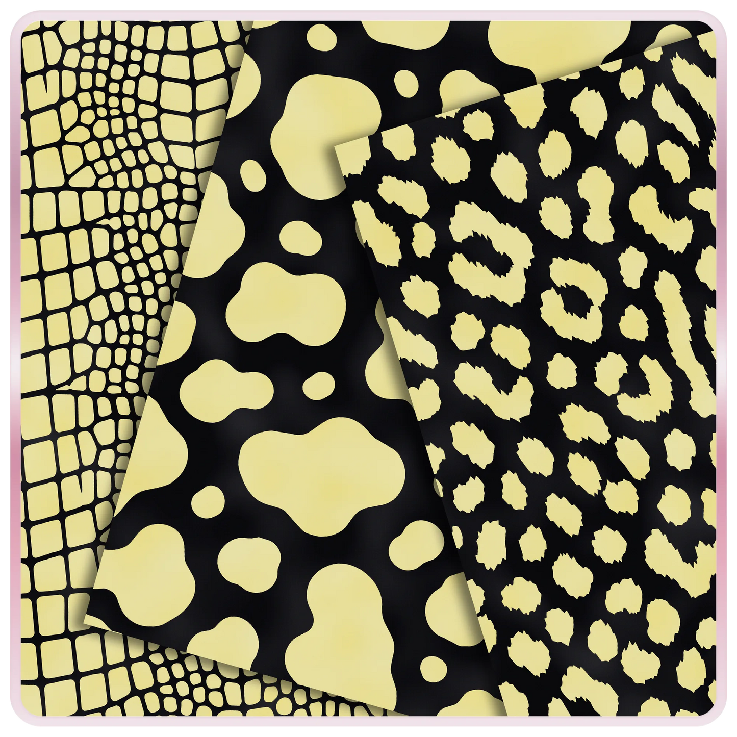 Lemon yellow and black animal print seamless digital papers with crocodile, cow, and leopard pattern previews for free printable craft downloads.