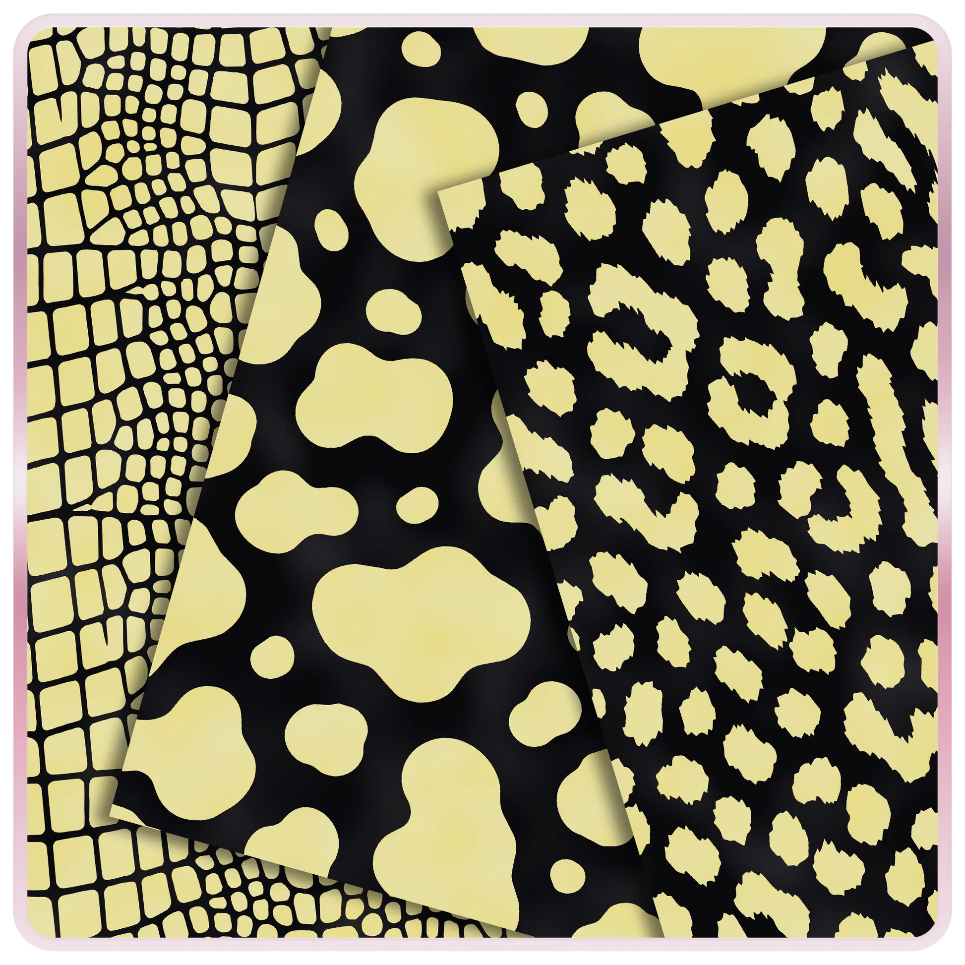 Lemon yellow and black animal print seamless digital papers with crocodile, cow, and leopard pattern previews for free printable craft downloads.
