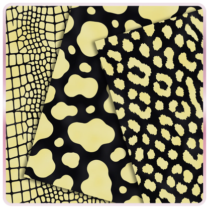 Lemon yellow and black animal print seamless digital papers with crocodile, cow, and leopard pattern previews for free printable craft downloads.