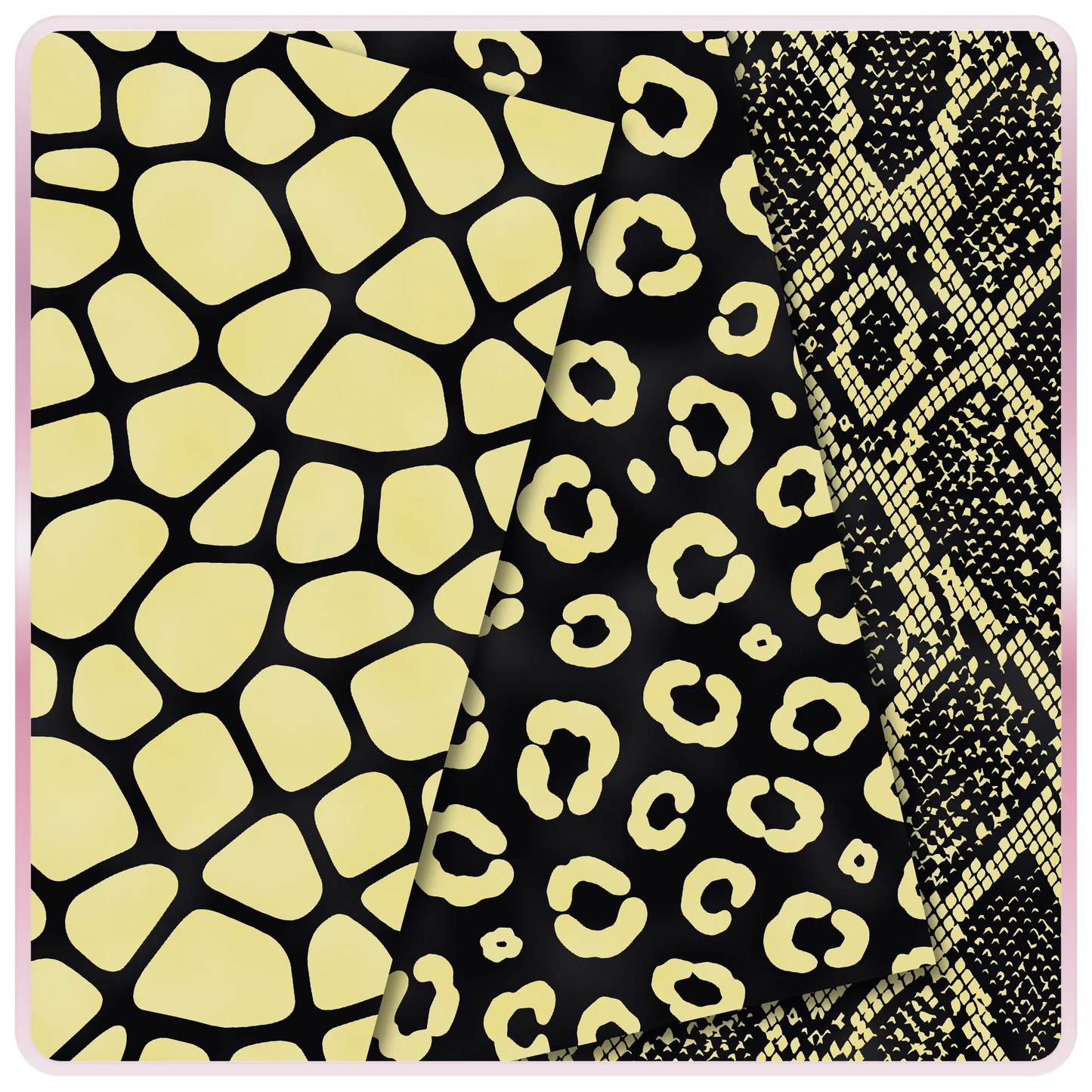 Yellow and black seamless animal print papers featuring giraffe, leopard, and snakeskin digital patterns for scrapbooking, sublimation, and DIY crafts.