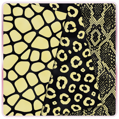 Yellow and black seamless animal print papers featuring giraffe, leopard, and snakeskin digital patterns for scrapbooking, sublimation, and DIY crafts.