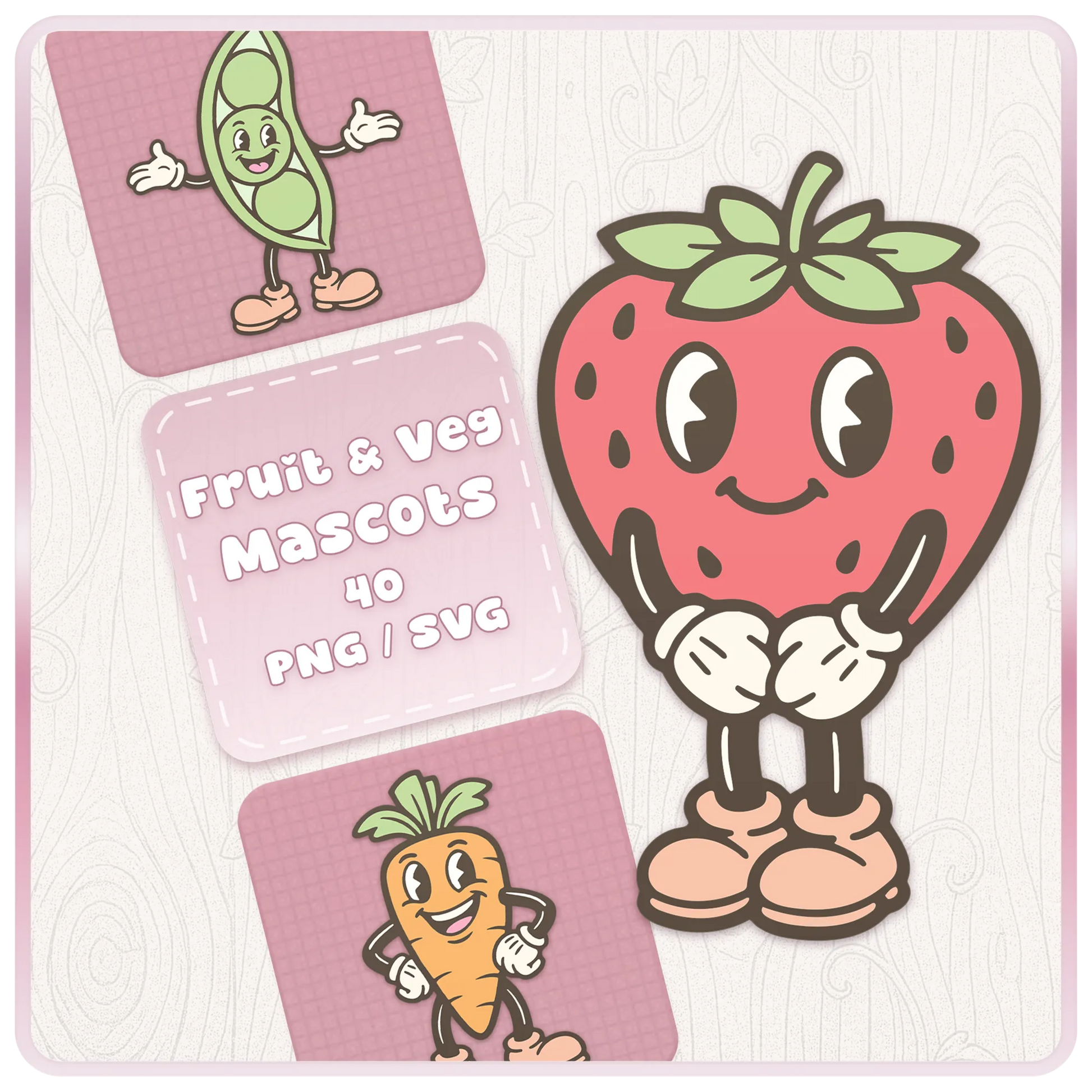 Fruit and Veg Pastel Mascots SVG and PNG clipart bundle cover featuring cute strawberry, pea pod, and carrot cartoon characters for Cricut crafts and sublimation designs.