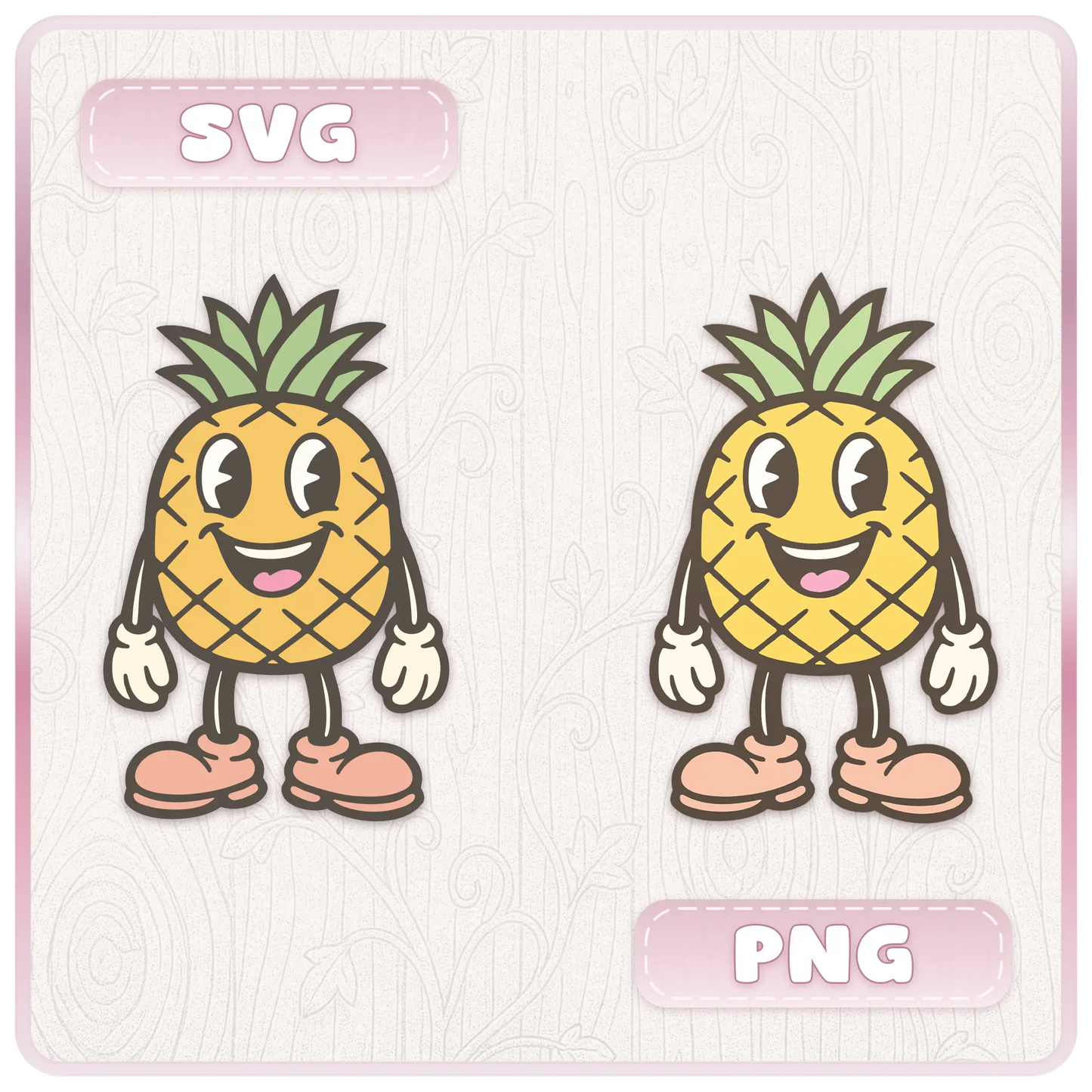 Comparison preview of cute pineapple mascot SVG and PNG files from a pastel fruit and vegetable clipart bundle for digital crafting and print projects.