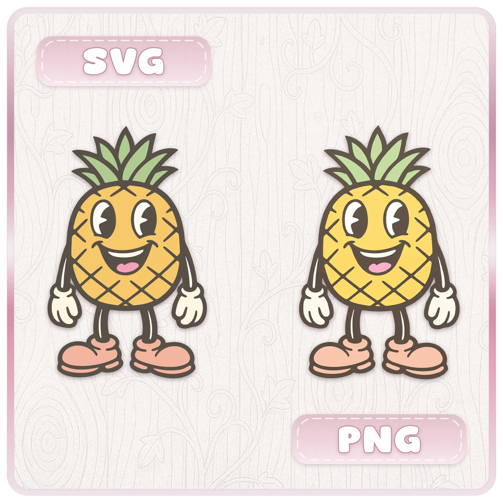 Comparison preview of cute pineapple mascot SVG and PNG files from a pastel fruit and vegetable clipart bundle for digital crafting and print projects.