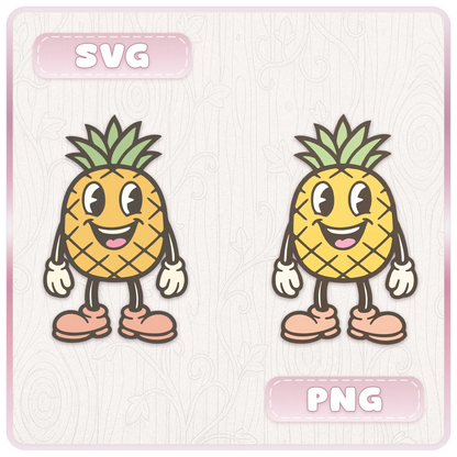 Comparison preview of cute pineapple mascot SVG and PNG files from a pastel fruit and vegetable clipart bundle for digital crafting and print projects.
