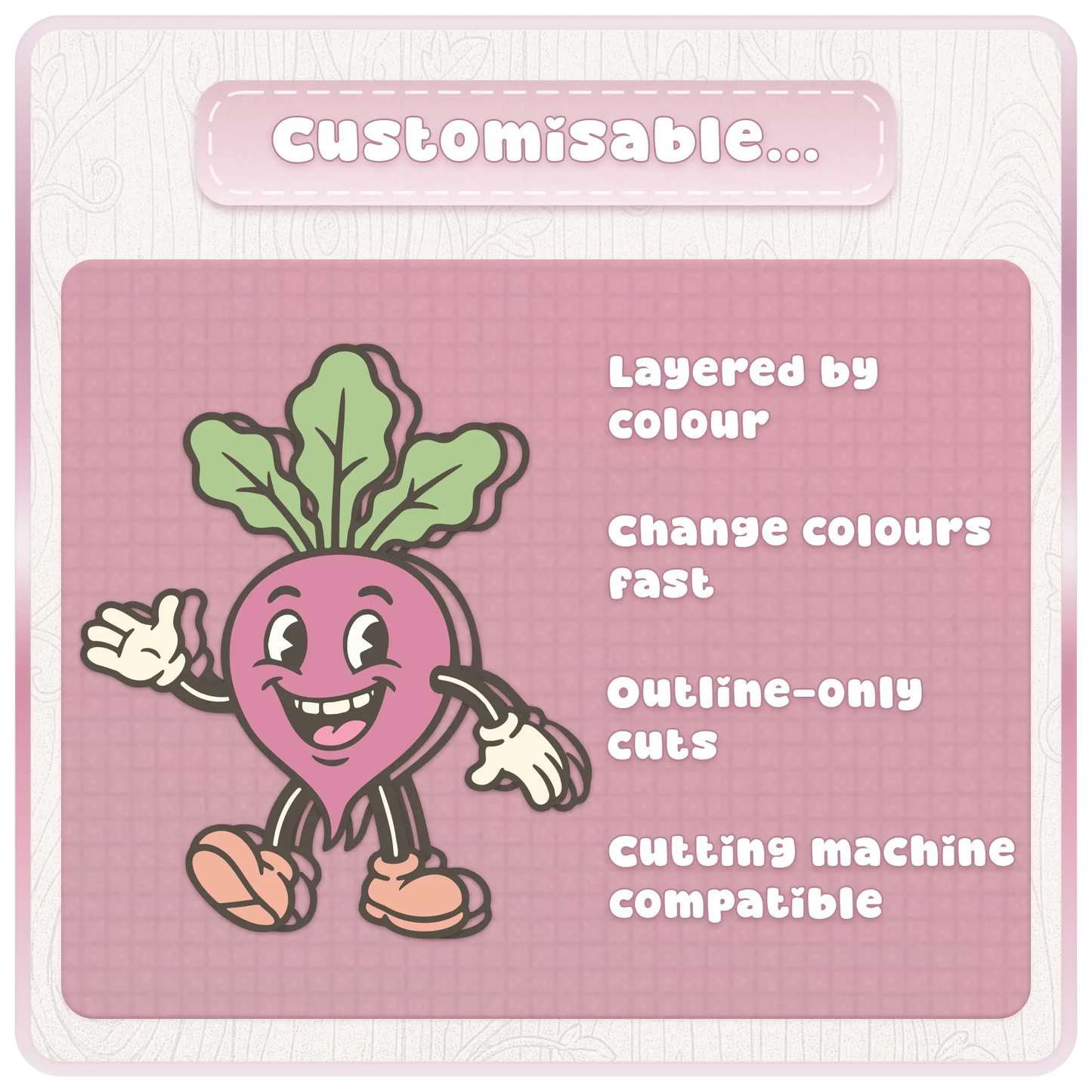 Customisable pastel beetroot mascot clipart preview showing layered by colour, easy colour changes, outline-only cuts, and cutting machine compatible SVG design.