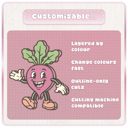 Customisable pastel beetroot mascot clipart preview showing layered by colour, easy colour changes, outline-only cuts, and cutting machine compatible SVG design.