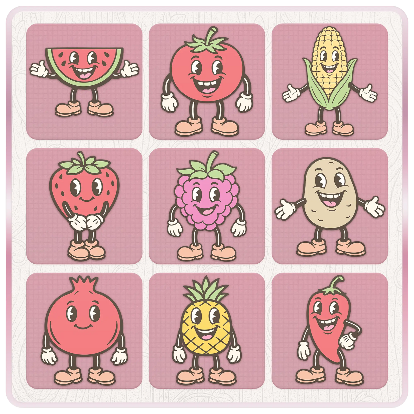 Nine cute pastel fruit and vegetable mascot clipart designs including watermelon, tomato, corn, strawberry, grapes, potato, pomegranate, pineapple, and pepper SVG PNG characters.