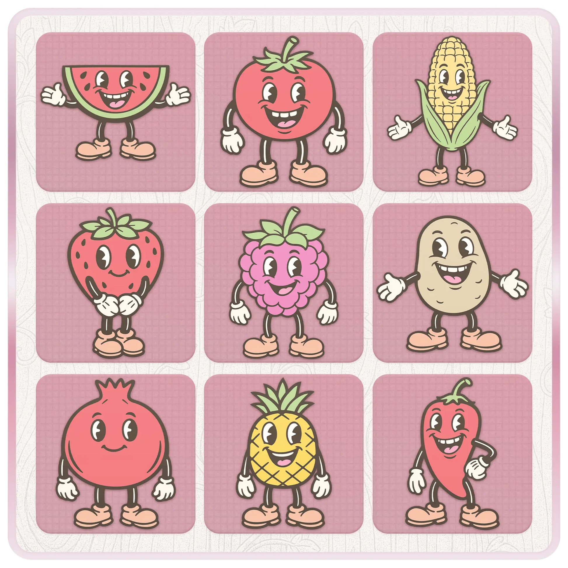 Nine cute pastel fruit and vegetable mascot clipart designs including watermelon, tomato, corn, strawberry, grapes, potato, pomegranate, pineapple, and pepper SVG PNG characters.