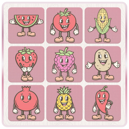 Nine cute pastel fruit and vegetable mascot clipart designs including watermelon, tomato, corn, strawberry, grapes, potato, pomegranate, pineapple, and pepper SVG PNG characters.