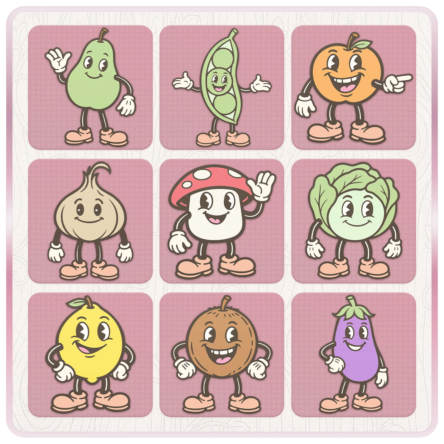 Pastel fruit and vegetable mascot clipart preview featuring pear, pea pod, orange, onion, mushroom, lettuce, lemon, coconut, and eggplant SVG PNG designs.