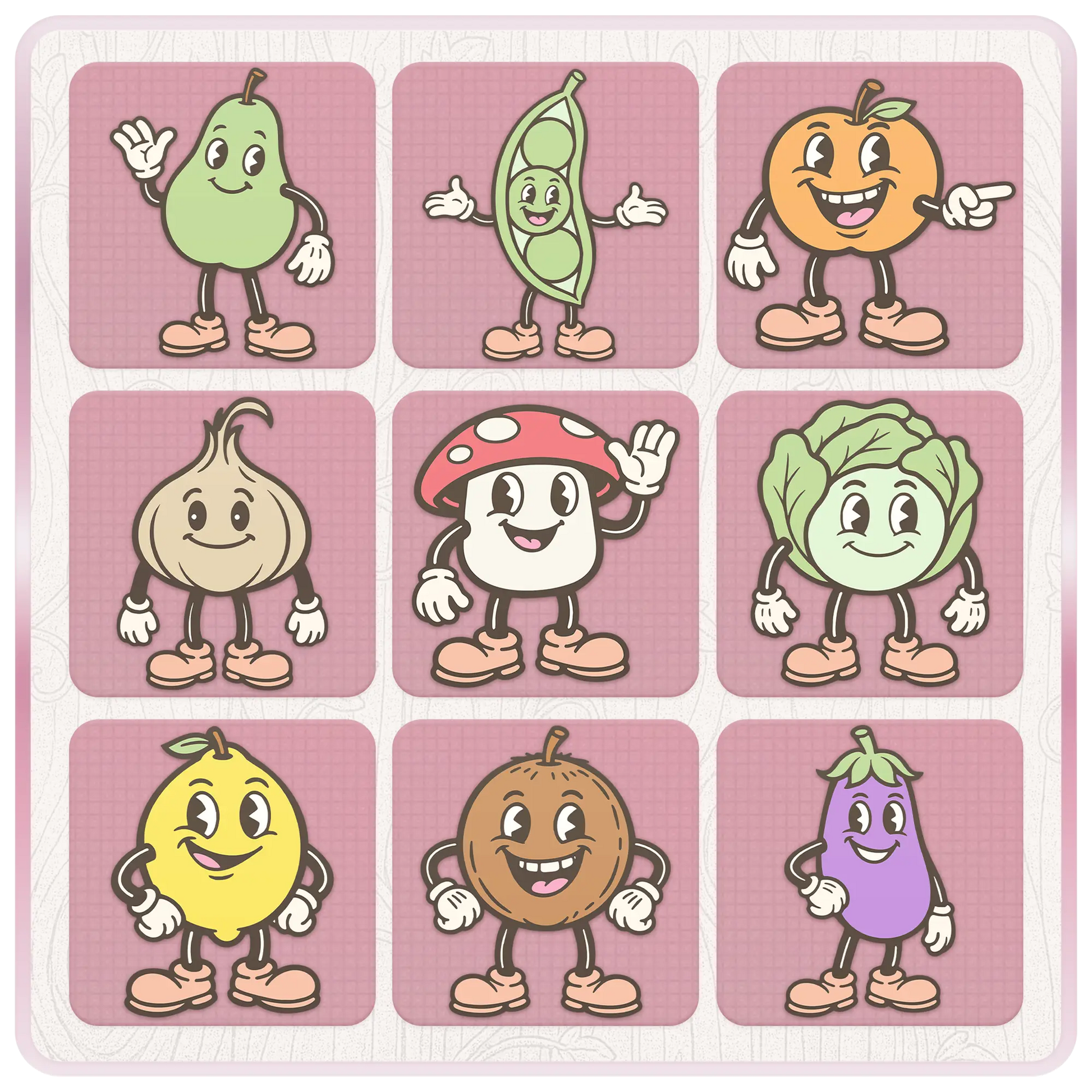 Pastel fruit and vegetable mascot clipart preview featuring pear, pea pod, orange, onion, mushroom, lettuce, lemon, coconut, and eggplant SVG PNG designs.