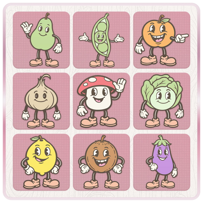 Pastel fruit and vegetable mascot clipart preview featuring pear, pea pod, orange, onion, mushroom, lettuce, lemon, coconut, and eggplant SVG PNG designs.