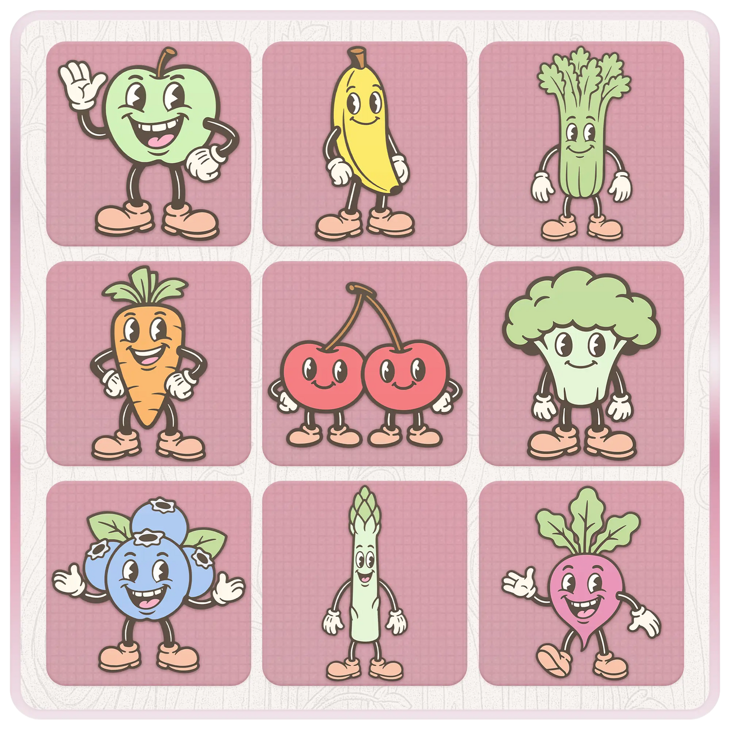 Cute pastel food mascot clipart preview with apple, banana, celery, carrot, cherries, broccoli, blueberry, asparagus, and beetroot SVG PNG graphics.