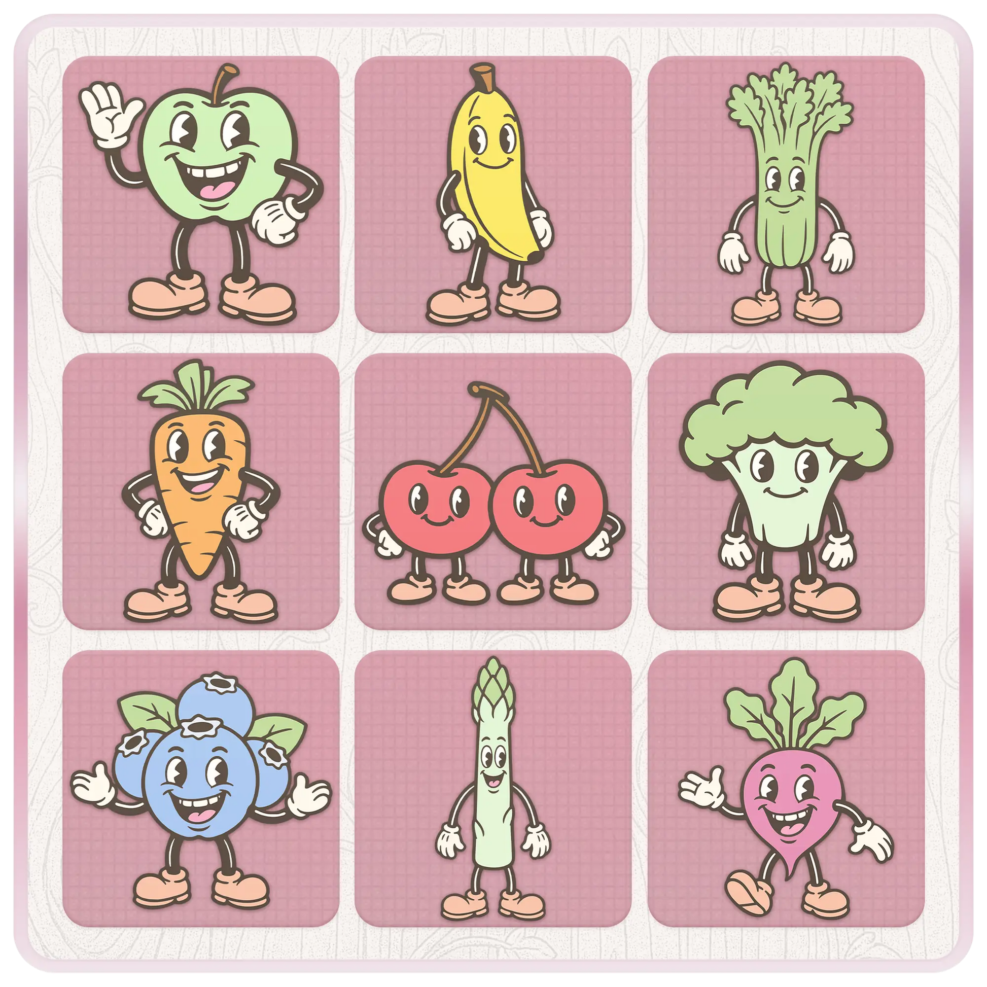 Cute pastel food mascot clipart preview with apple, banana, celery, carrot, cherries, broccoli, blueberry, asparagus, and beetroot SVG PNG graphics.