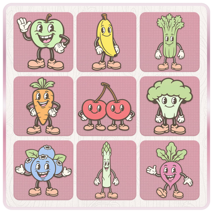 Cute pastel food mascot clipart preview with apple, banana, celery, carrot, cherries, broccoli, blueberry, asparagus, and beetroot SVG PNG graphics.