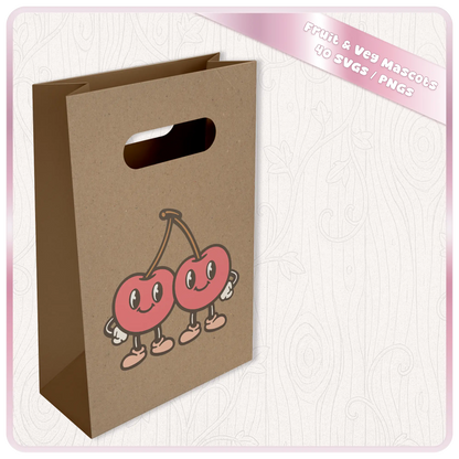 Reusable shopping bag mockup featuring cute cherry fruit mascot design from a pastel fruit and vegetable SVG PNG clipart bundle.