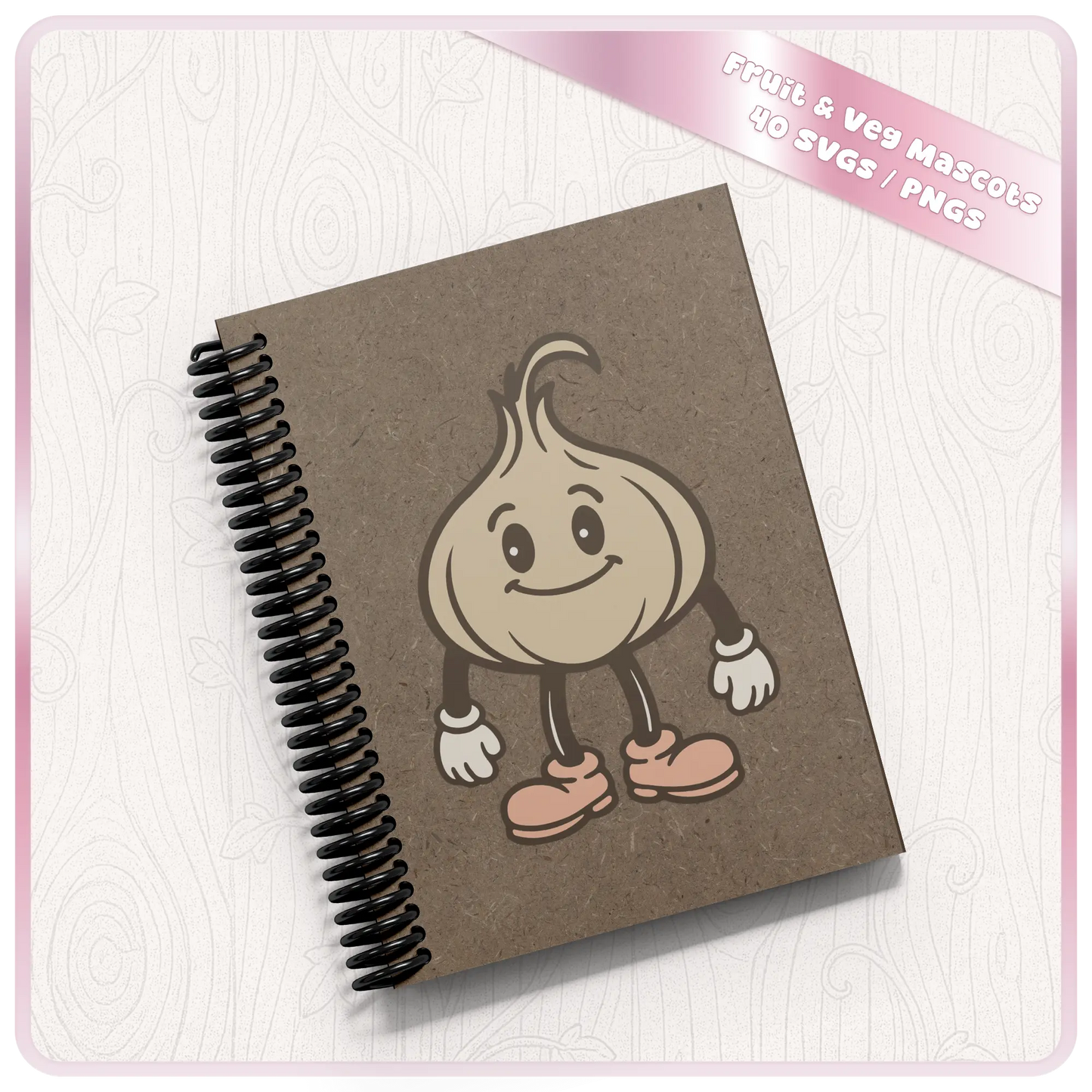 Notebook mockup featuring cute onion vegetable mascot clipart design from a pastel fruit and veg SVG PNG digital download bundle.