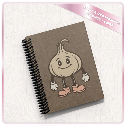 Notebook mockup featuring cute onion vegetable mascot clipart design from a pastel fruit and veg SVG PNG digital download bundle.