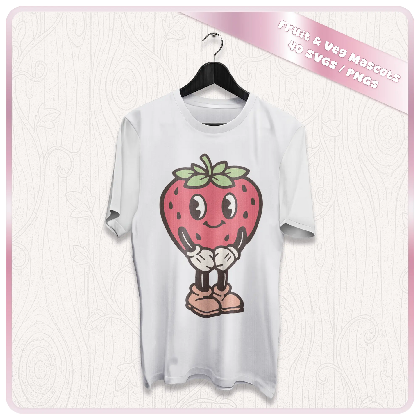 White T-shirt mockup with cute strawberry mascot clipart design from a pastel fruit and vegetable SVG PNG bundle for sublimation and apparel crafts.
