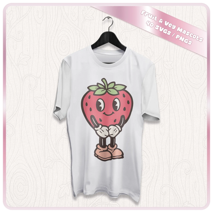 White T-shirt mockup with cute strawberry mascot clipart design from a pastel fruit and vegetable SVG PNG bundle for sublimation and apparel crafts.