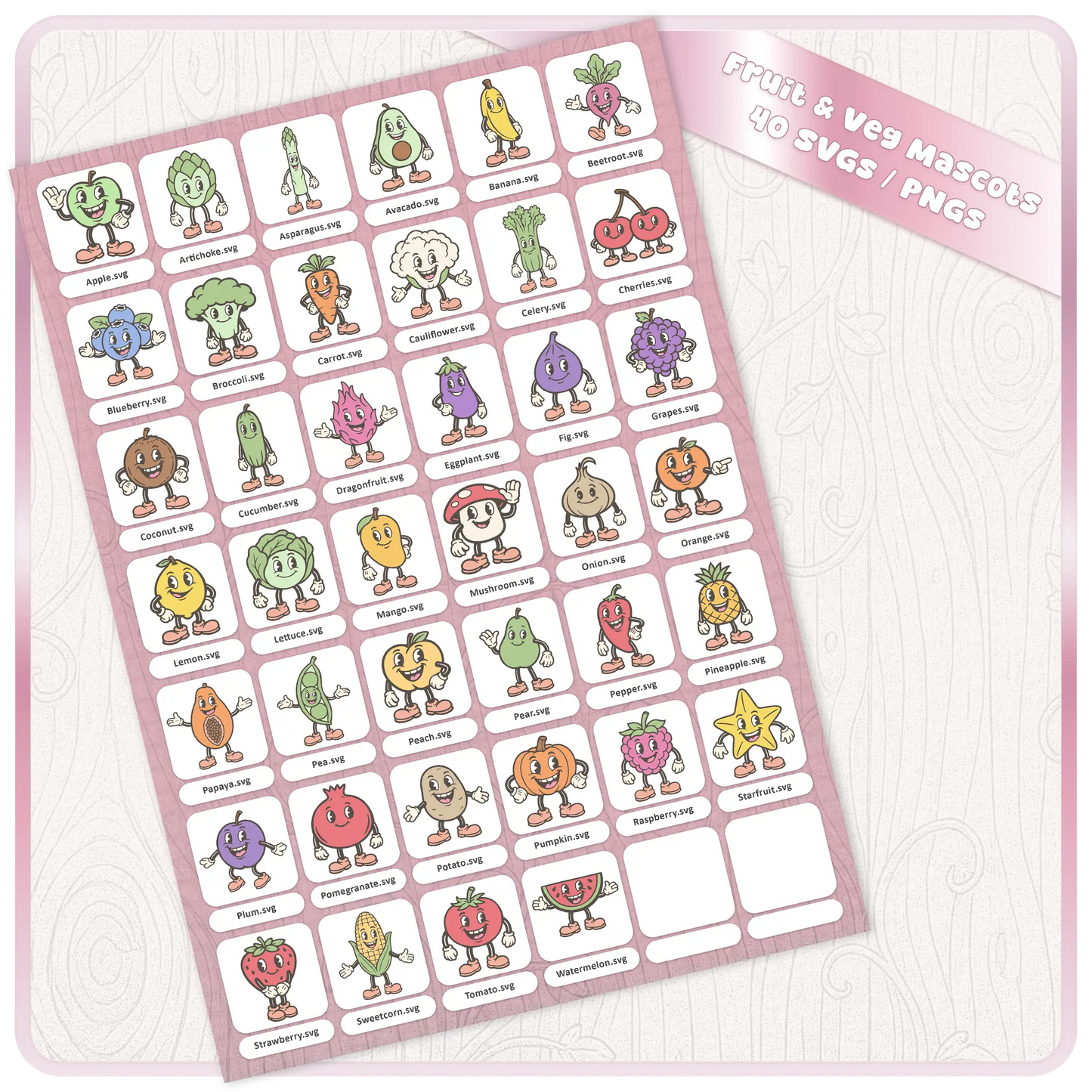 Full preview sheet of 40 pastel fruit and vegetable mascot SVG and PNG clipart files including apple, banana, carrot, tomato, strawberry, mushroom, pineapple, and more.