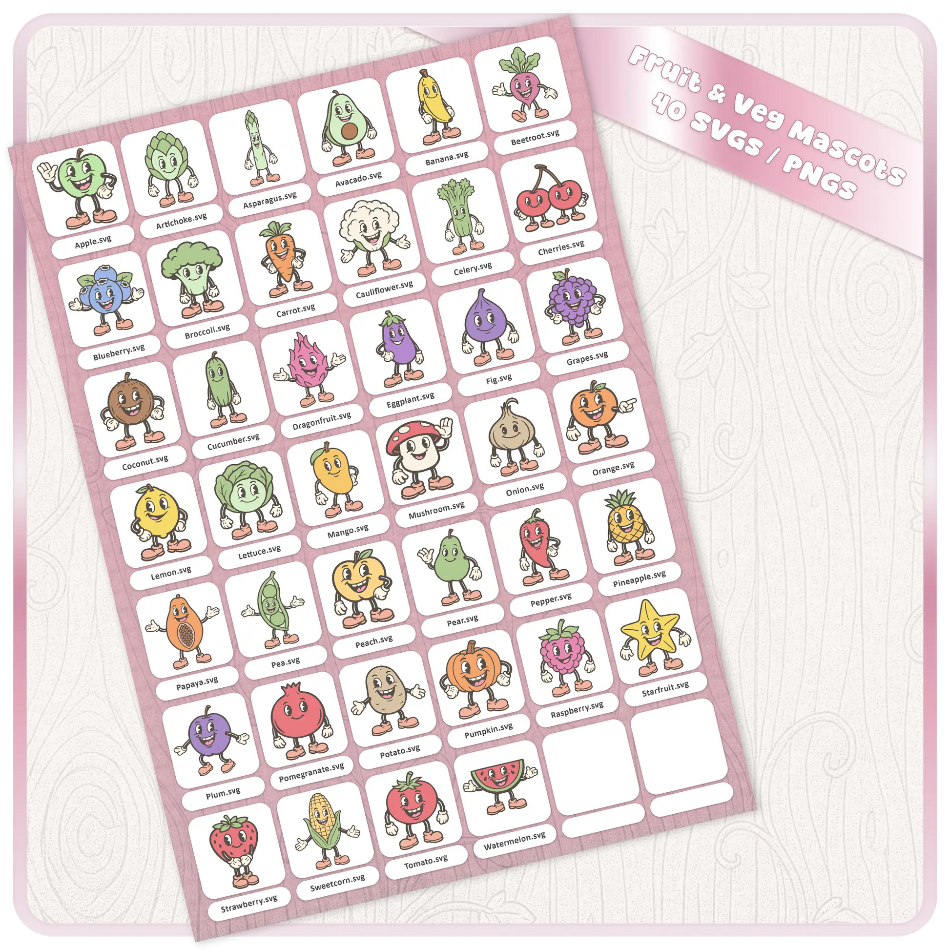 Full preview sheet of 40 pastel fruit and vegetable mascot SVG and PNG clipart files including apple, banana, carrot, tomato, strawberry, mushroom, pineapple, and more.