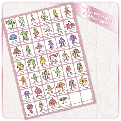 Full preview sheet of 40 pastel fruit and vegetable mascot SVG and PNG clipart files including apple, banana, carrot, tomato, strawberry, mushroom, pineapple, and more.