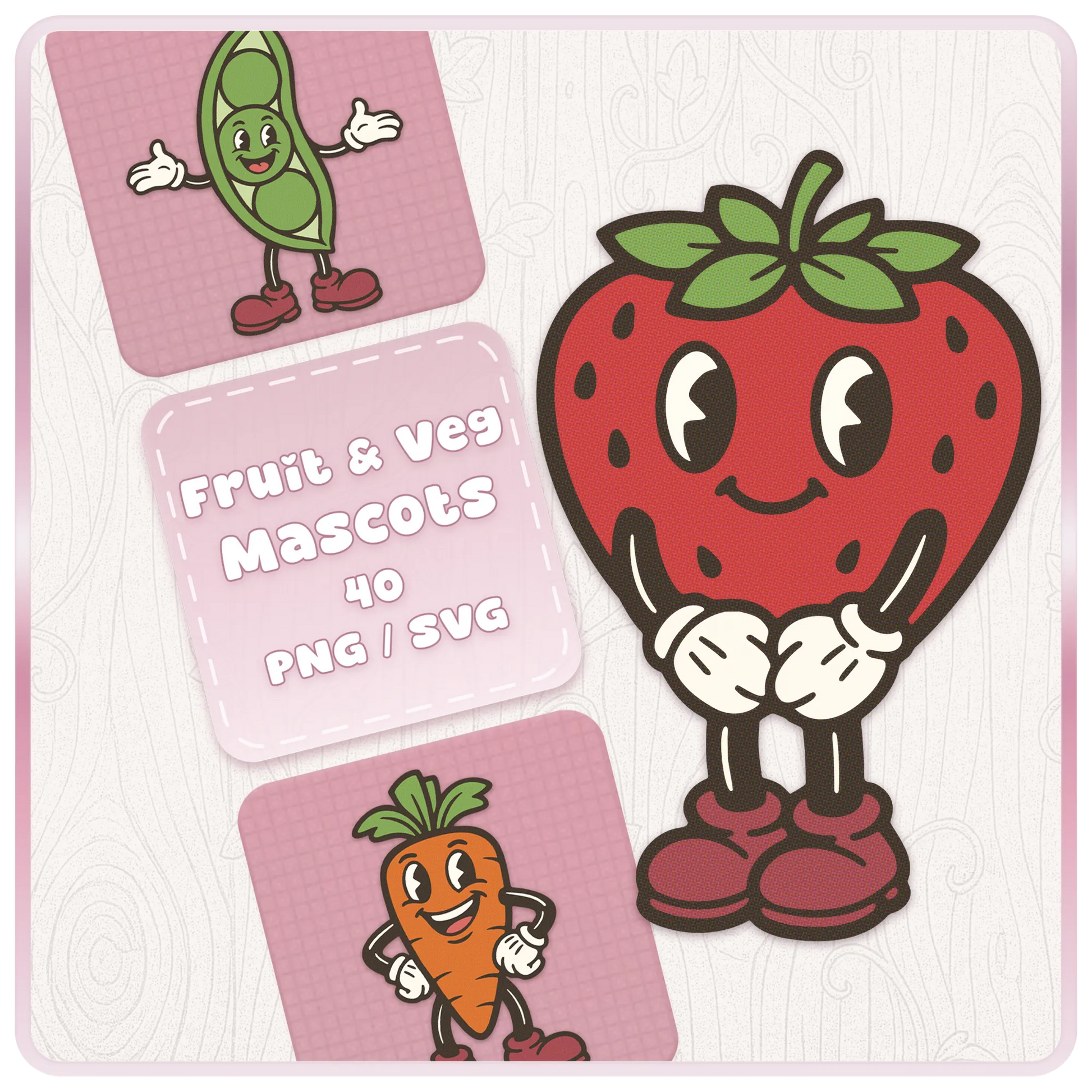Fruit and veg retro mascots SVG and PNG digital download bundle preview featuring a smiling strawberry cartoon character with vintage food clipart style.