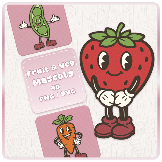 Fruit and veg retro mascots SVG and PNG digital download bundle preview featuring a smiling strawberry cartoon character with vintage food clipart style.